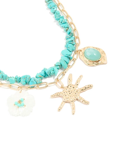 Gold Turquoise Beaded & Beach Charm Layered Necklace