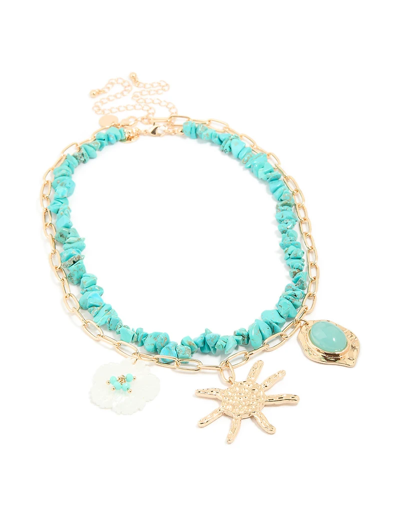 Gold Turquoise Beaded & Beach Charm Layered Necklace