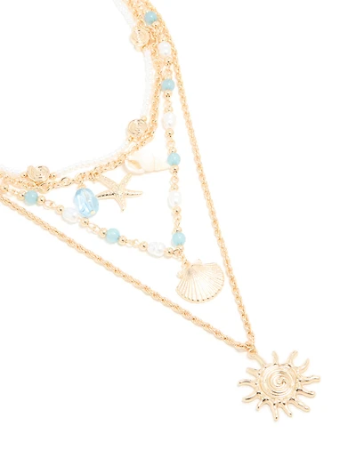 Gold Blue Beaded & Pearl Chain Layered Necklace