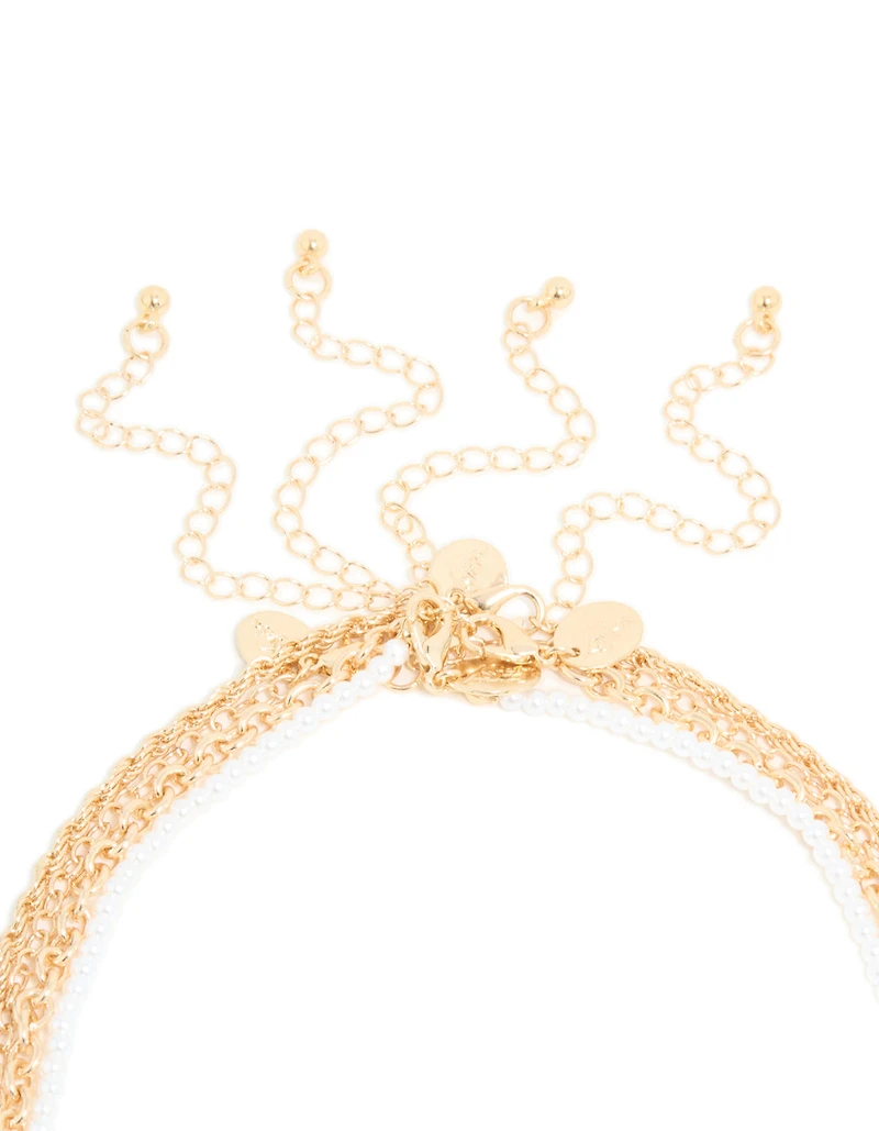 Gold Blue Beaded & Pearl Chain Layered Necklace