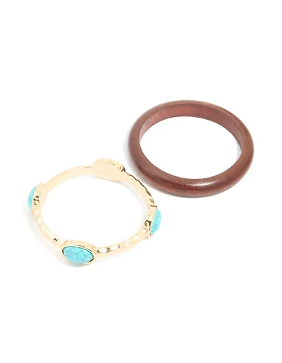 Paquet de 2 bracelets en pierre turquoise dorée et en bois