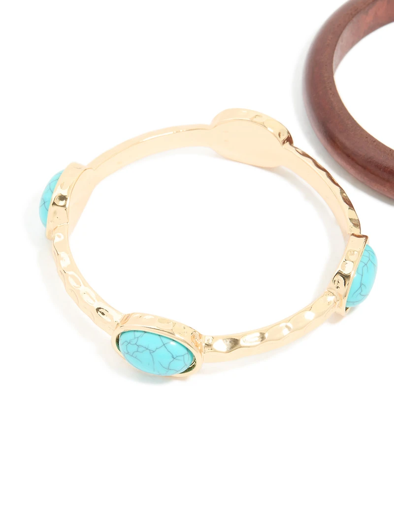 Paquet de 2 bracelets en pierre turquoise dorée et en bois