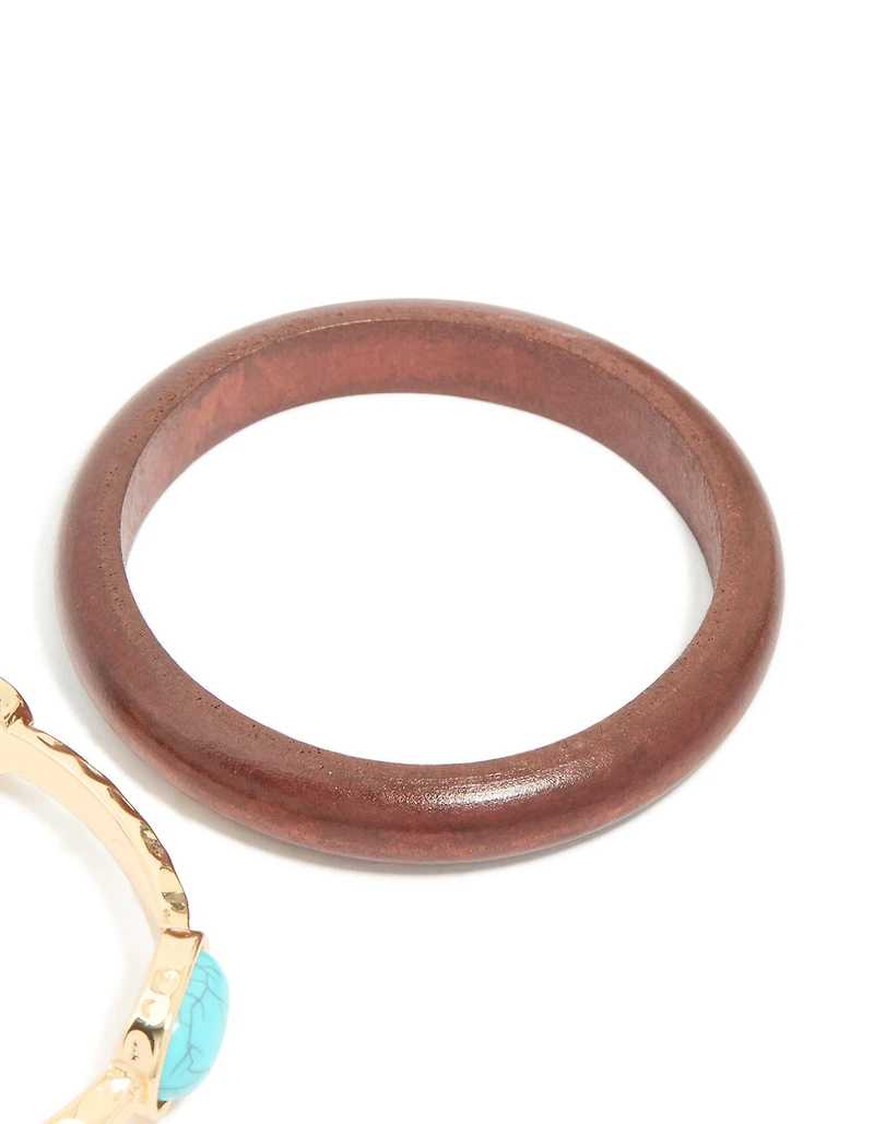 Paquet de 2 bracelets en pierre turquoise dorée et en bois