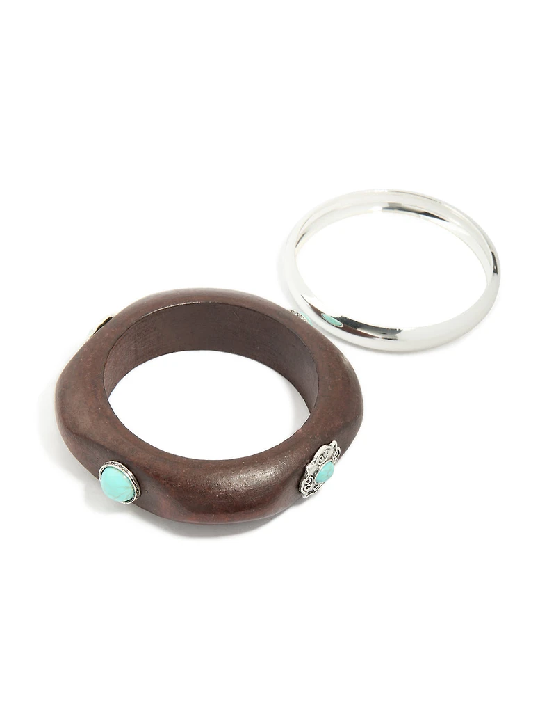 Pierres en bois turquoise Western & Silver Bangle 2-pack