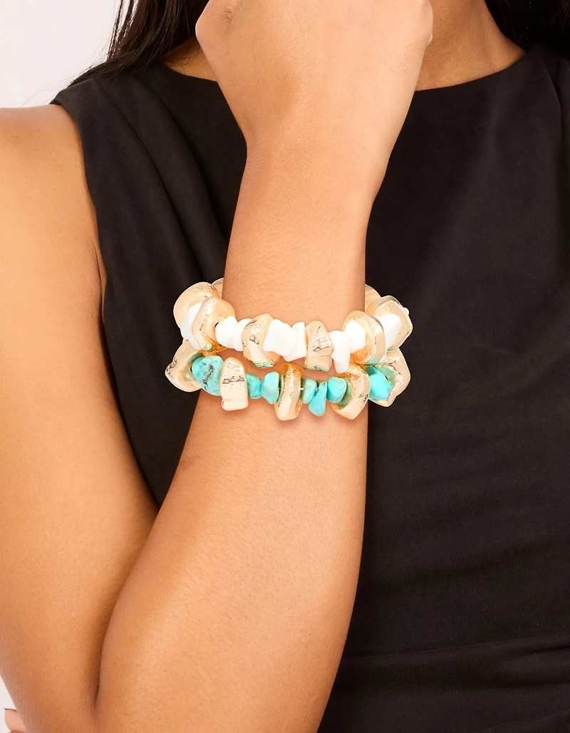 Gold White & Blue Beaded Stretch Bracelets 2-Pack