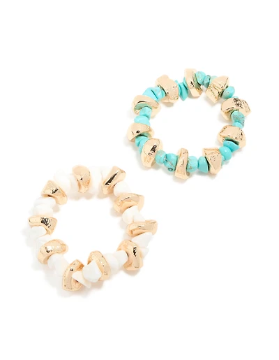 Gold White & Blue Beaded Stretch Bracelets 2-Pack