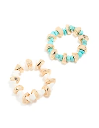 Gold White & Blue Beaded Stretch Bracelets 2-Pack