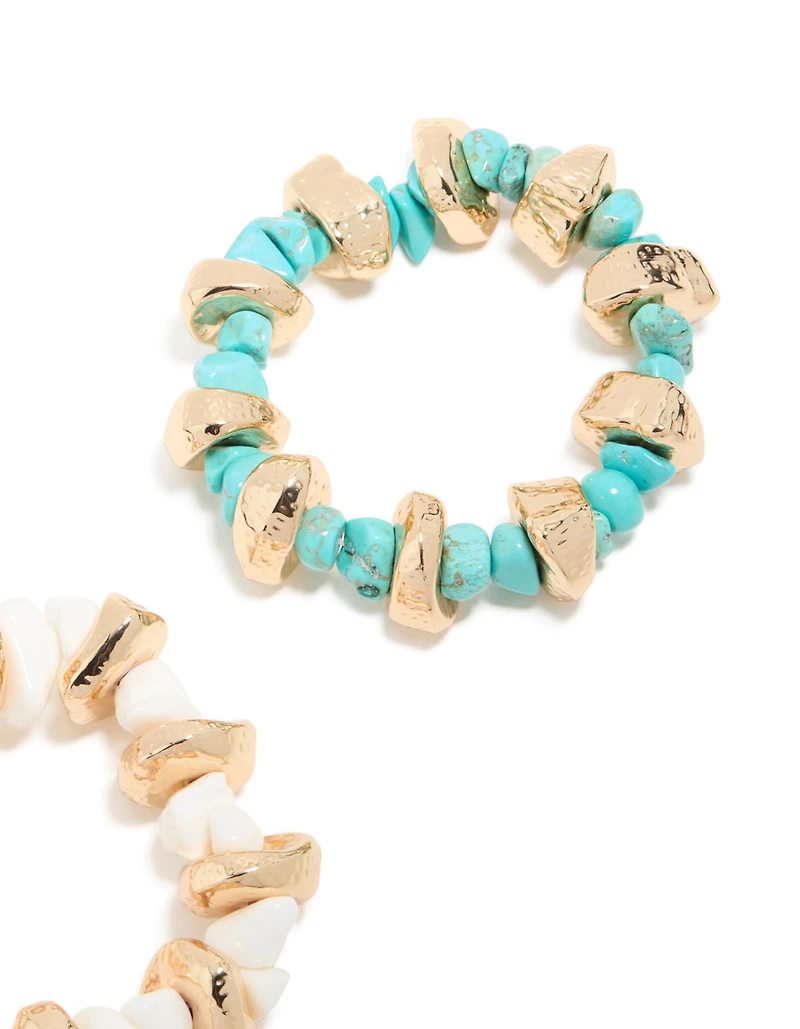 Gold White & Blue Beaded Stretch Bracelets 2-Pack