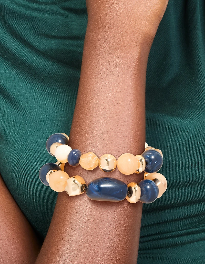 Gold & Dark Blue Beaded Stretch Bracelets 2-Pack