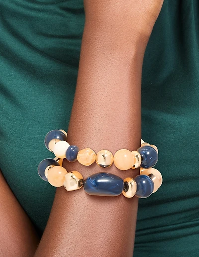 Gold & Dark Blue Beaded Stretch Bracelets 2-Pack
