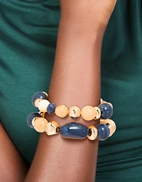 Gold & Dark Blue Beaded Stretch Bracelets 2-Pack