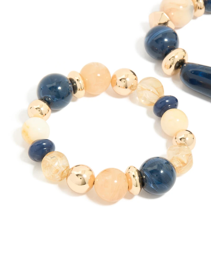 Gold & Dark Blue Beaded Stretch Bracelets 2-Pack