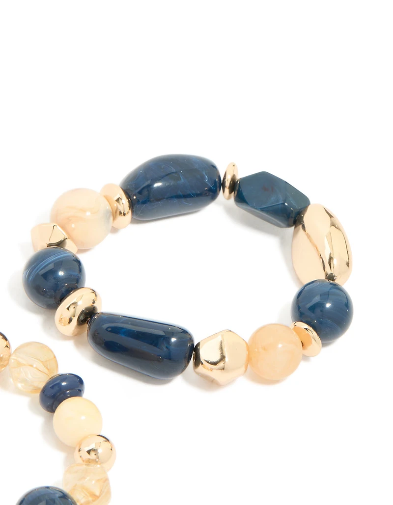 Gold & Dark Blue Beaded Stretch Bracelets 2-Pack