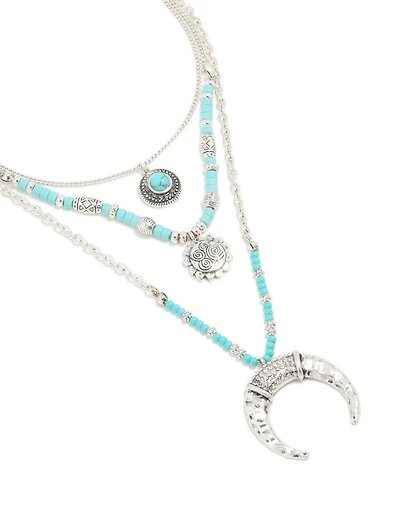 Antique Silver Turquoise Beaded Chain Pendant Layered Necklace