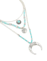 Antique Silver Turquoise Beaded Chain Pendant Layered Necklace