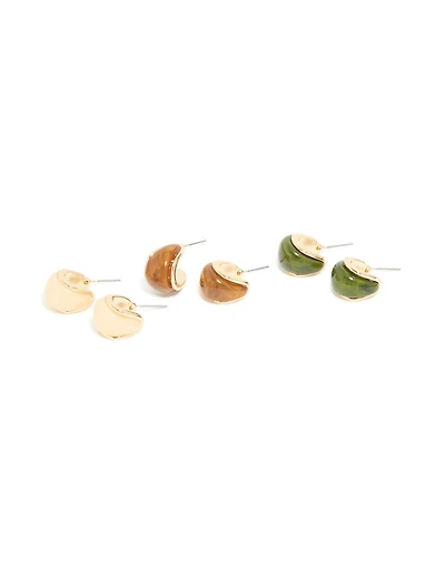 Gold Brown & Green Enamel Bubble Hoop Earrings 3-Pack