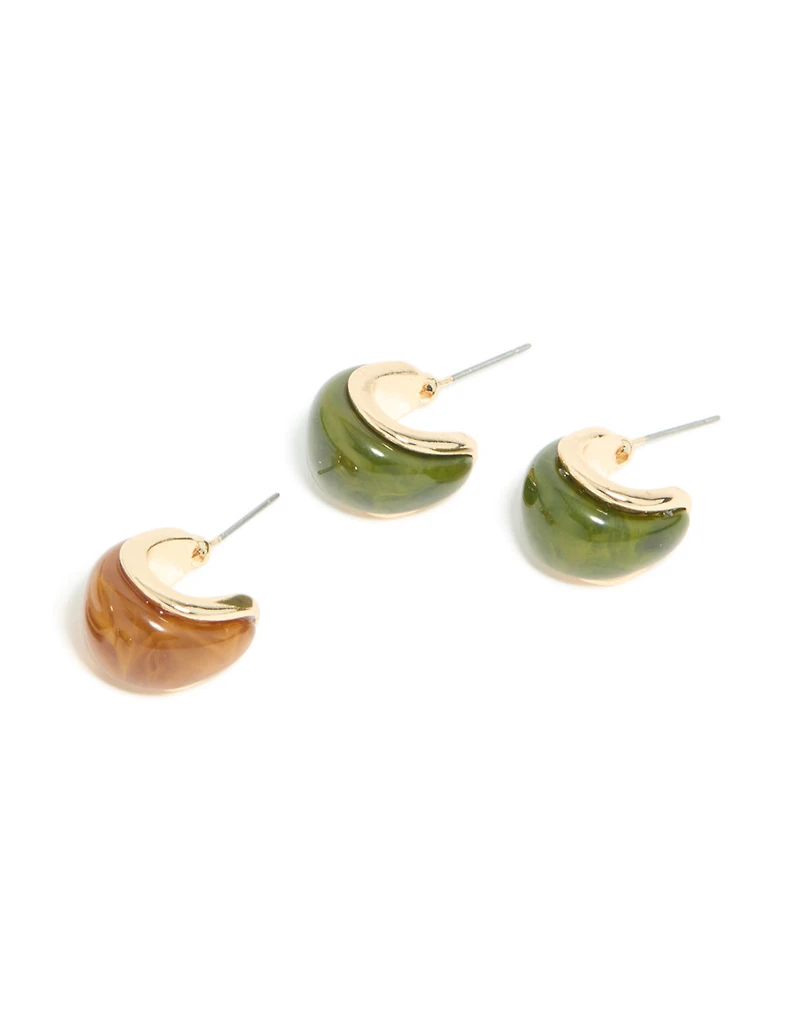 Gold Brown & Green Enamel Bubble Hoop Earrings 3-Pack