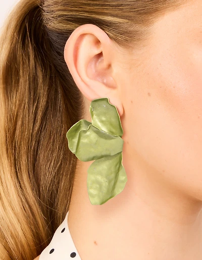 Green Coated Metal Flower Petal Drop Earrings