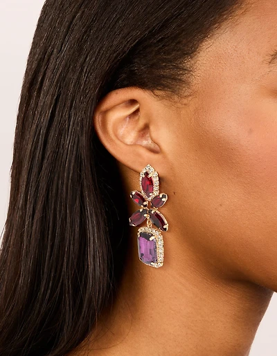 Boucles d’oreilles tombantes en carré de fleur dorée, rouge et violet
