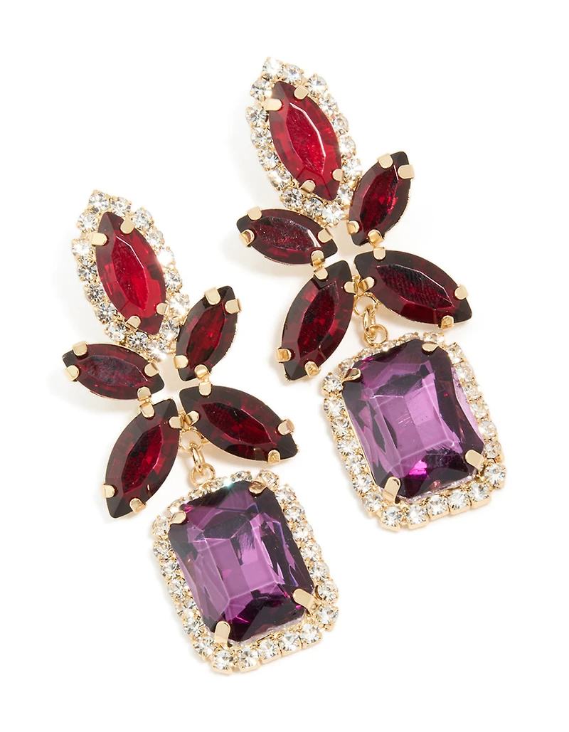 Boucles d’oreilles tombantes en carré de fleur dorée, rouge et violet