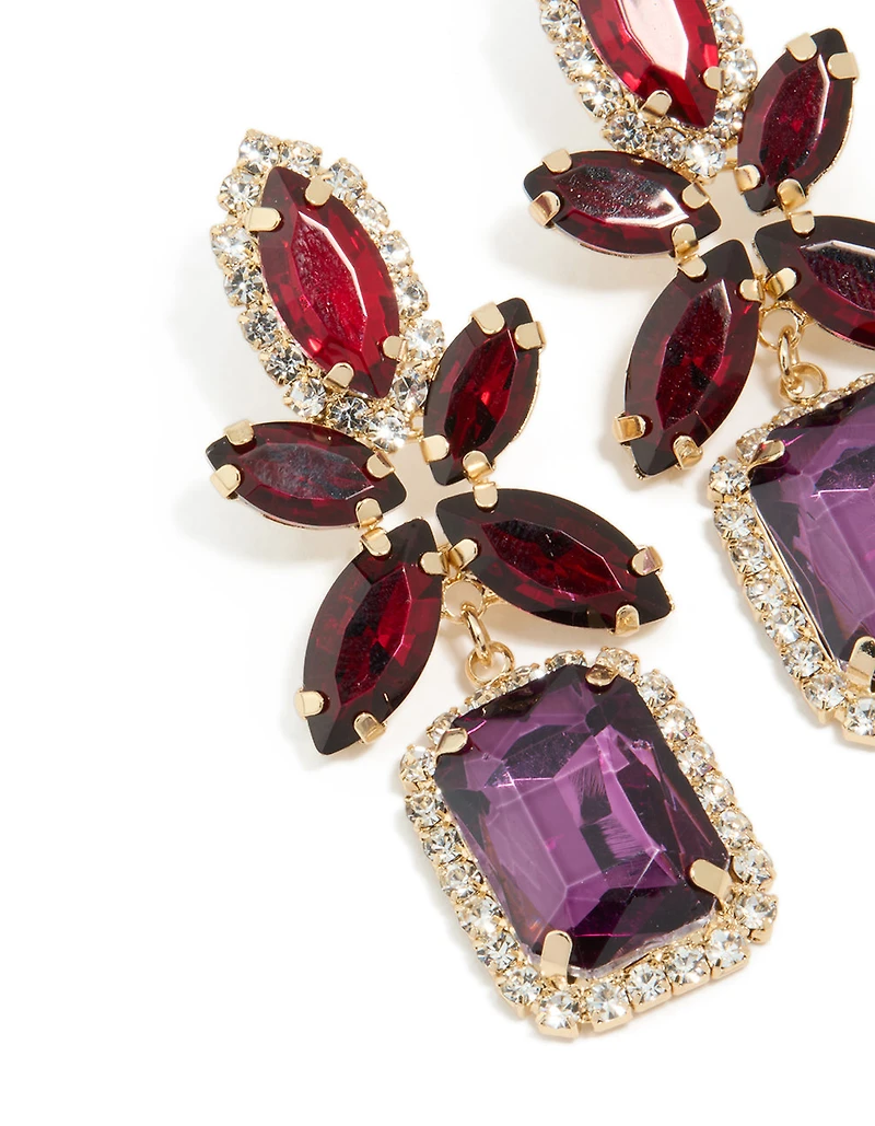 Boucles d’oreilles tombantes en carré de fleur dorée, rouge et violet