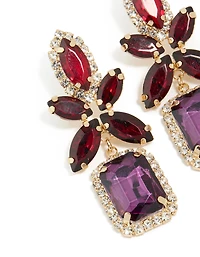 Boucles d’oreilles tombantes en carré de fleur dorée, rouge et violet