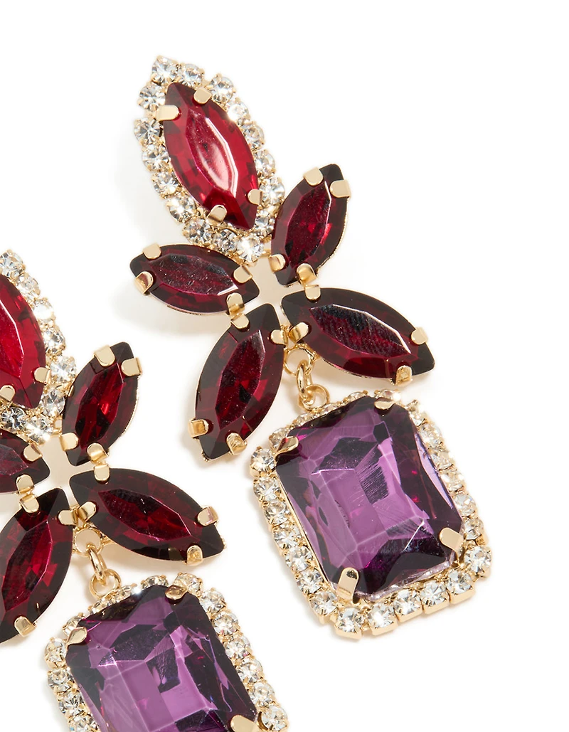 Boucles d’oreilles tombantes en carré de fleur dorée, rouge et violet