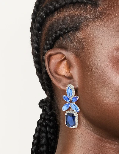 Silver Blue Diamante Square Flower Drop Earrings