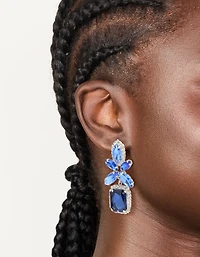 Silver Blue Diamante Square Flower Drop Earrings