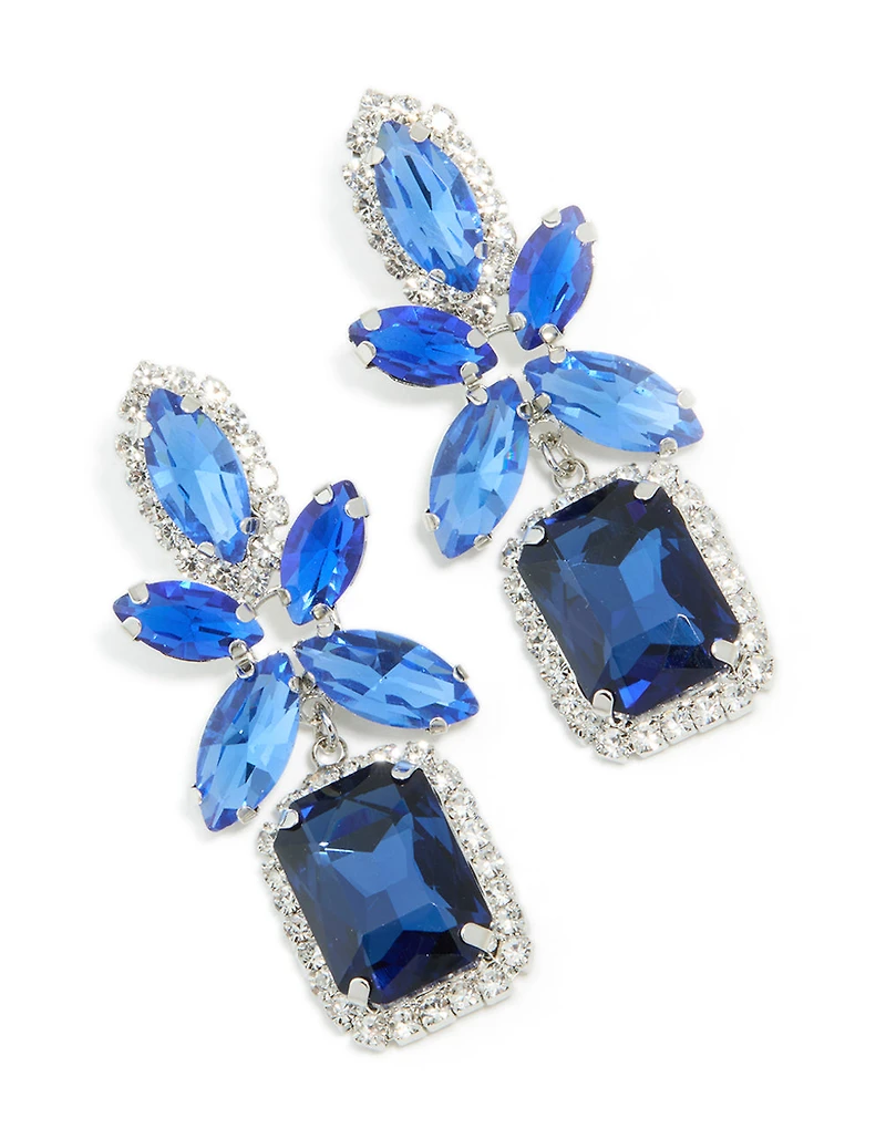Silver Blue Diamante Square Flower Drop Earrings