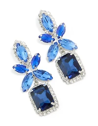 Silver Blue Diamante Square Flower Drop Earrings