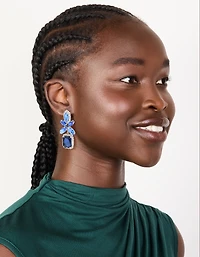 Silver Blue Diamante Square Flower Drop Earrings