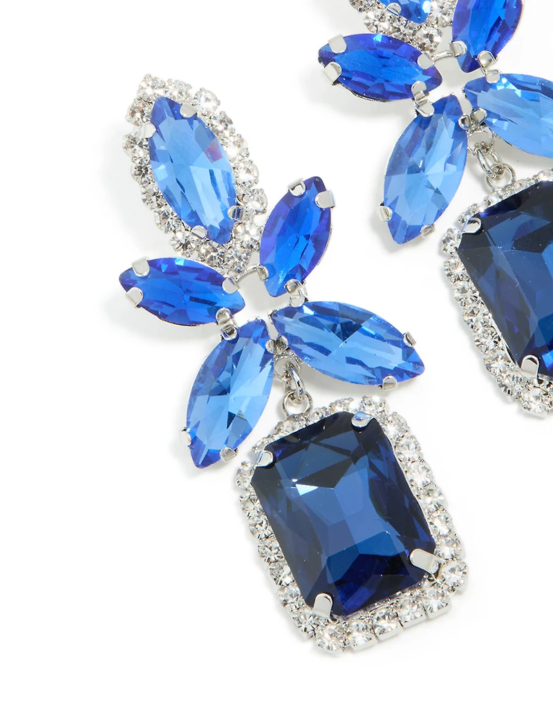 Silver Blue Diamante Square Flower Drop Earrings