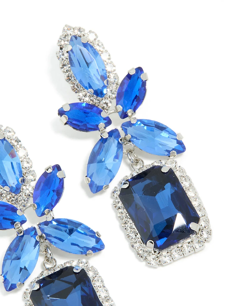 Silver Blue Diamante Square Flower Drop Earrings
