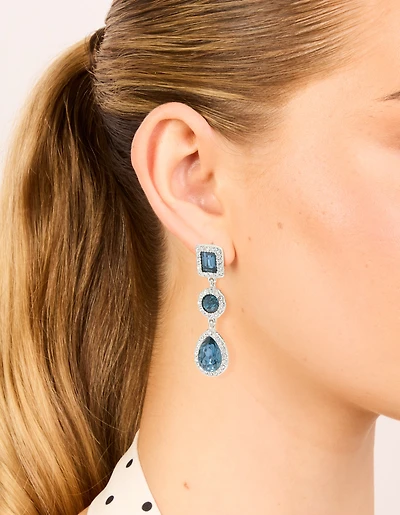 Silver Blue Diamante Multi Shape Drop Earrings