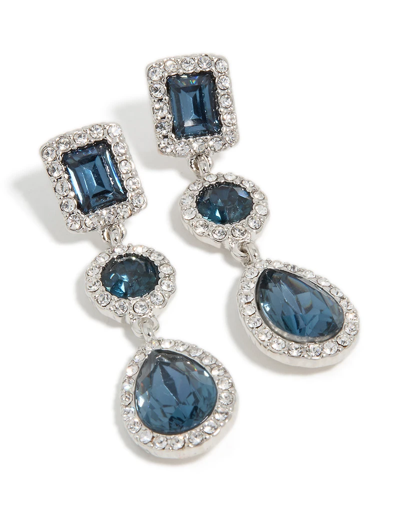 Silver Blue Diamante Multi Shape Drop Earrings