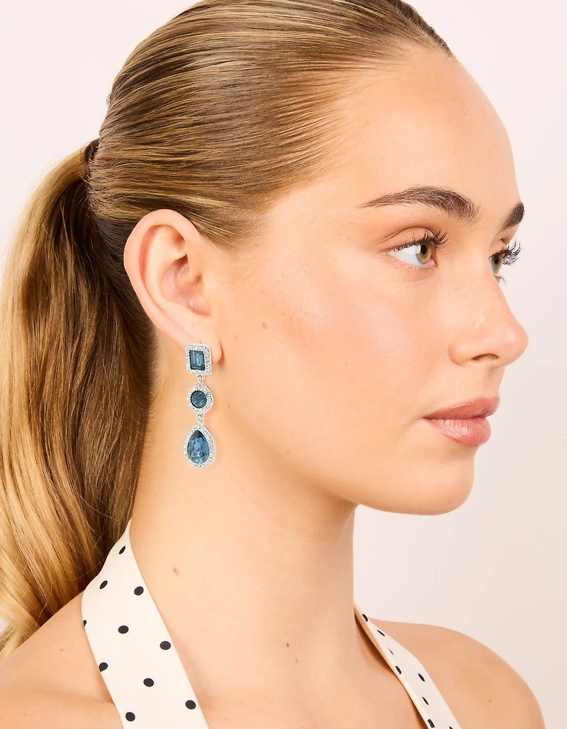 Silver Blue Diamante Multi Shape Drop Earrings