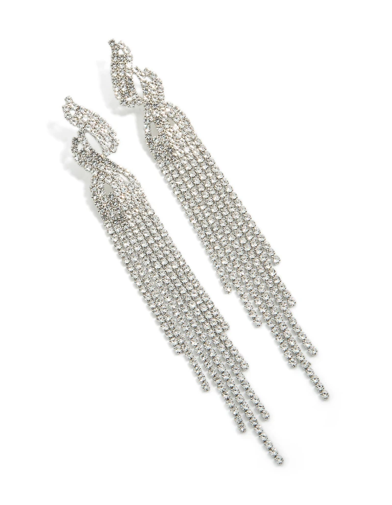 Silver Diamante Open Curve Drop Earrings