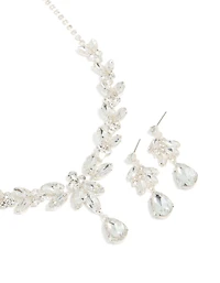 Ensemble de collier et boucles d’oreilles à fleurs brillantes en argent Diamante