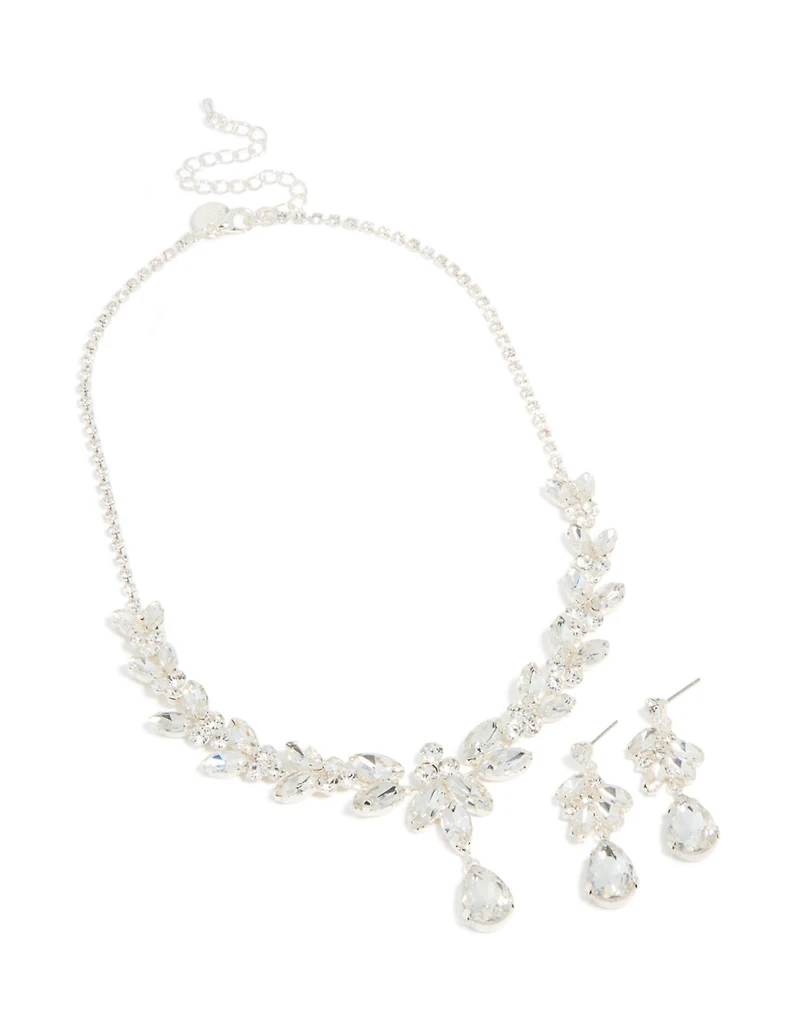 Ensemble de collier et boucles d’oreilles à fleurs brillantes en argent Diamante