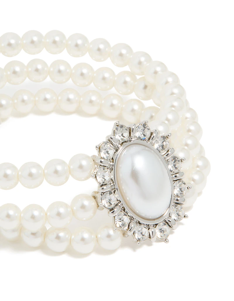Silver Diamante & Pearl Layered Bracelet