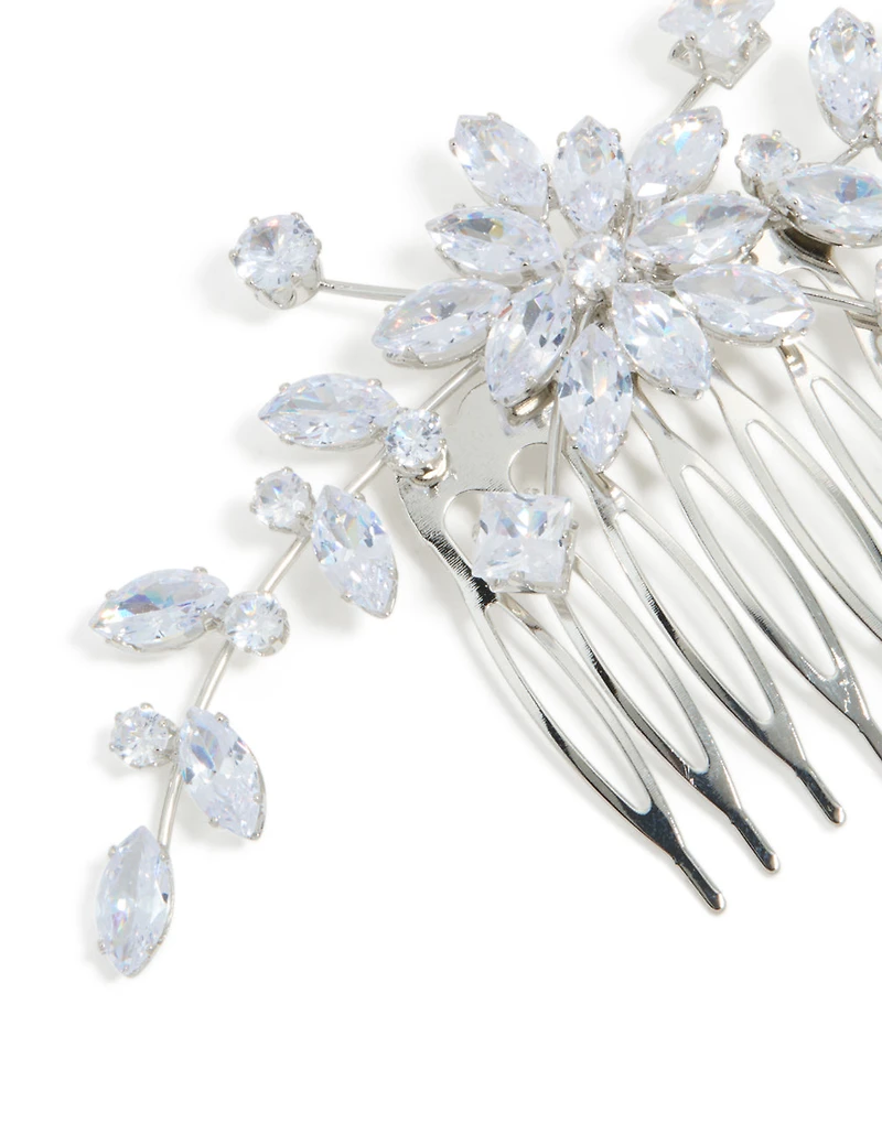 Silver Diamante Floral Statement Hair Comb