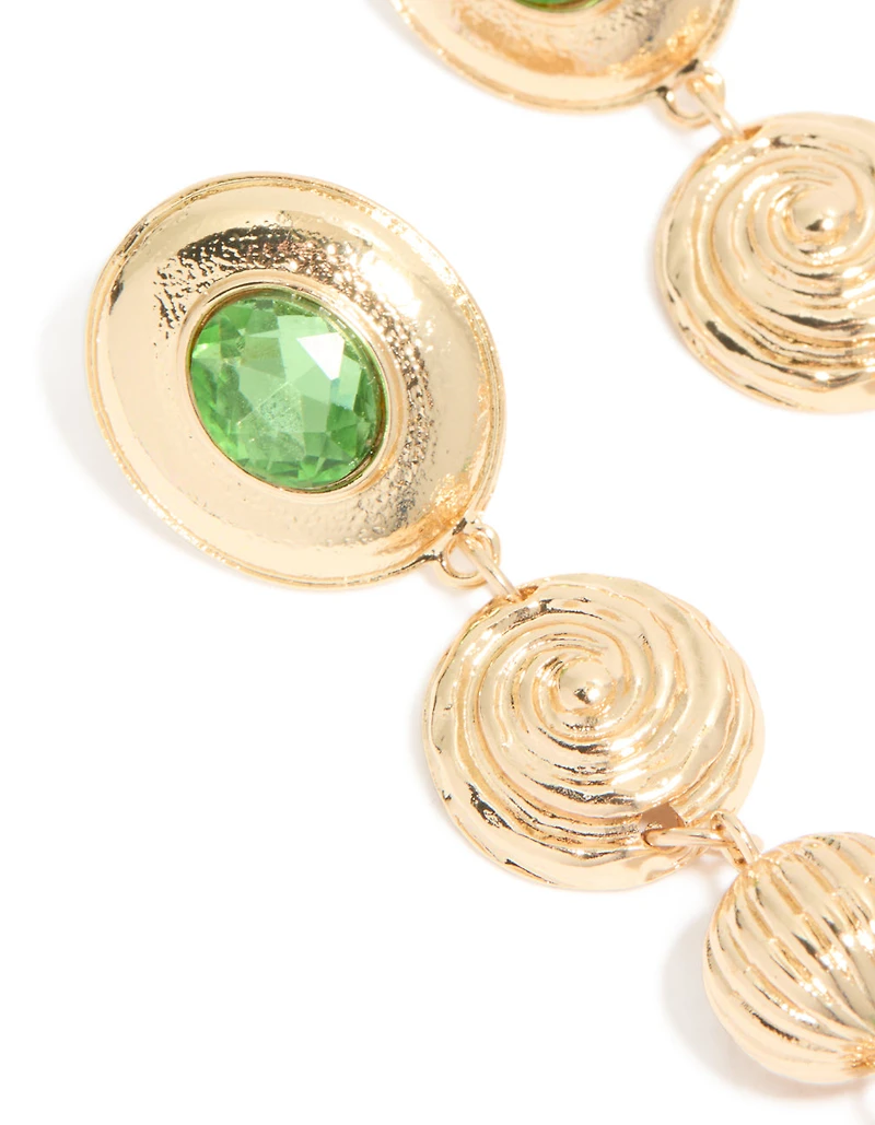 Gold Swirl & Green Diamante Drop Earrings
