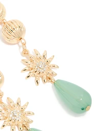 Gold Swirl & Green Diamante Drop Earrings