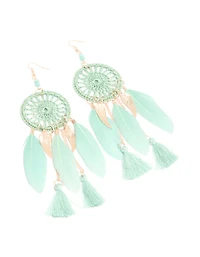 Boucles d’oreilles attrape-rêves en plume d’aqua