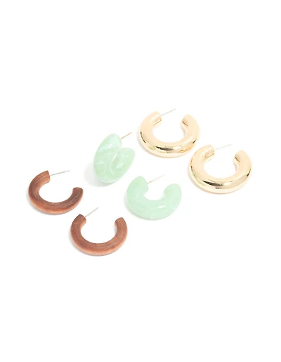 Pack de 3 boucles d’oreilles ouvertes doré brun et vert