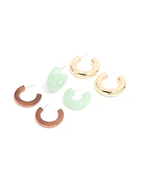 Pack de 3 boucles d’oreilles ouvertes doré brun et vert
