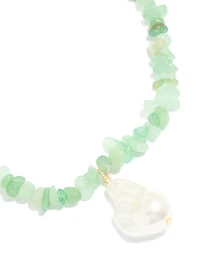 Gold Green Semi Precious Chip & Molten Pearl Necklace