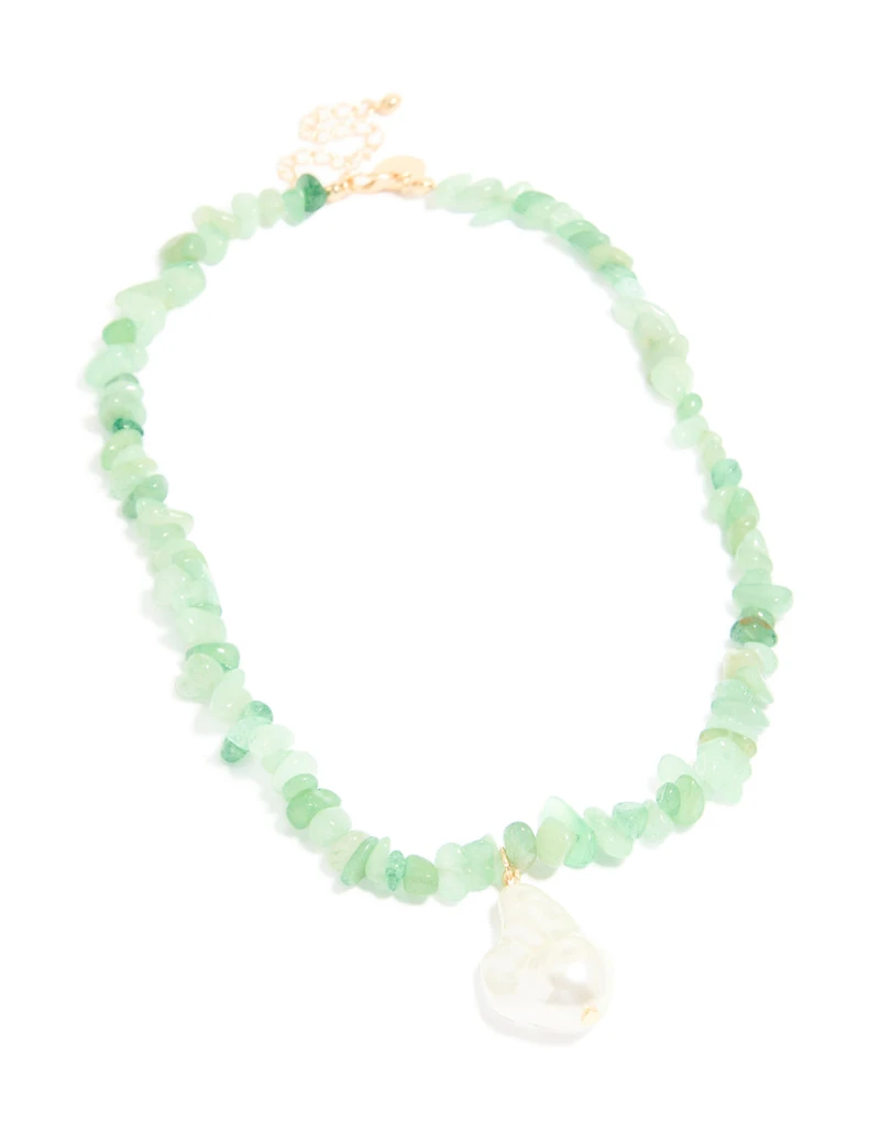 Gold Green Semi Precious Chip & Molten Pearl Necklace