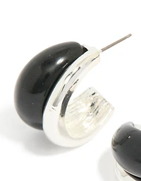 Silver Black Enamel Hoop Earrings